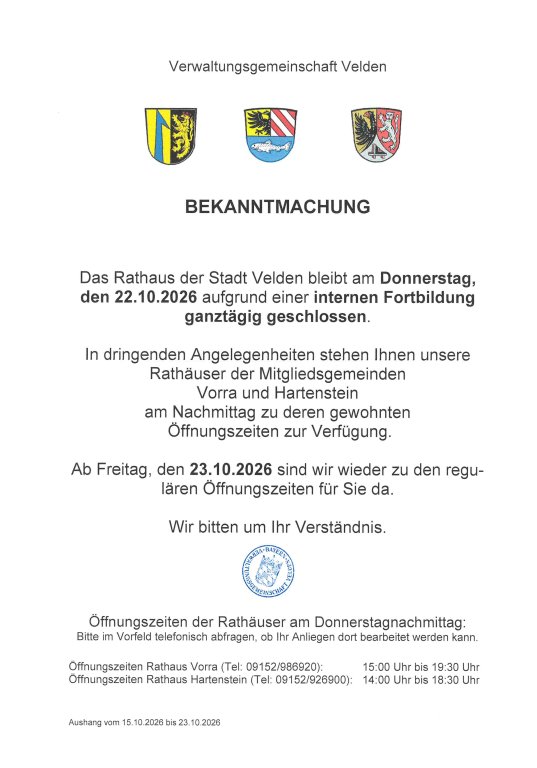 Bekanntmachung - Rathäuser der VG Velden geschlossen